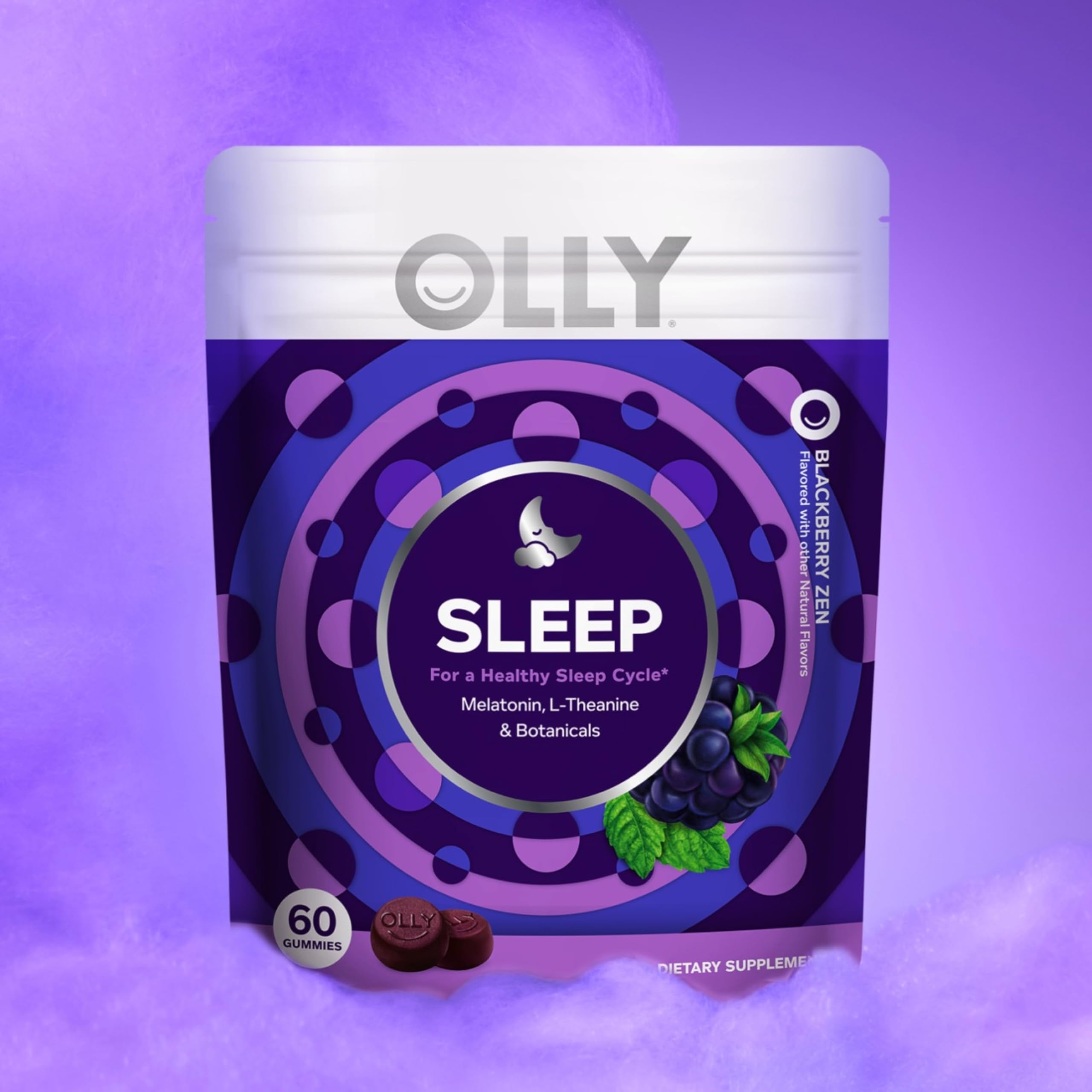 OLLY Sleep Gummy, 3 mg Melatonin, L-Theanine, Chamomile, and Lemon Balm Extracts, Blackberry Flavor, 30 Day Supply - 60 Count