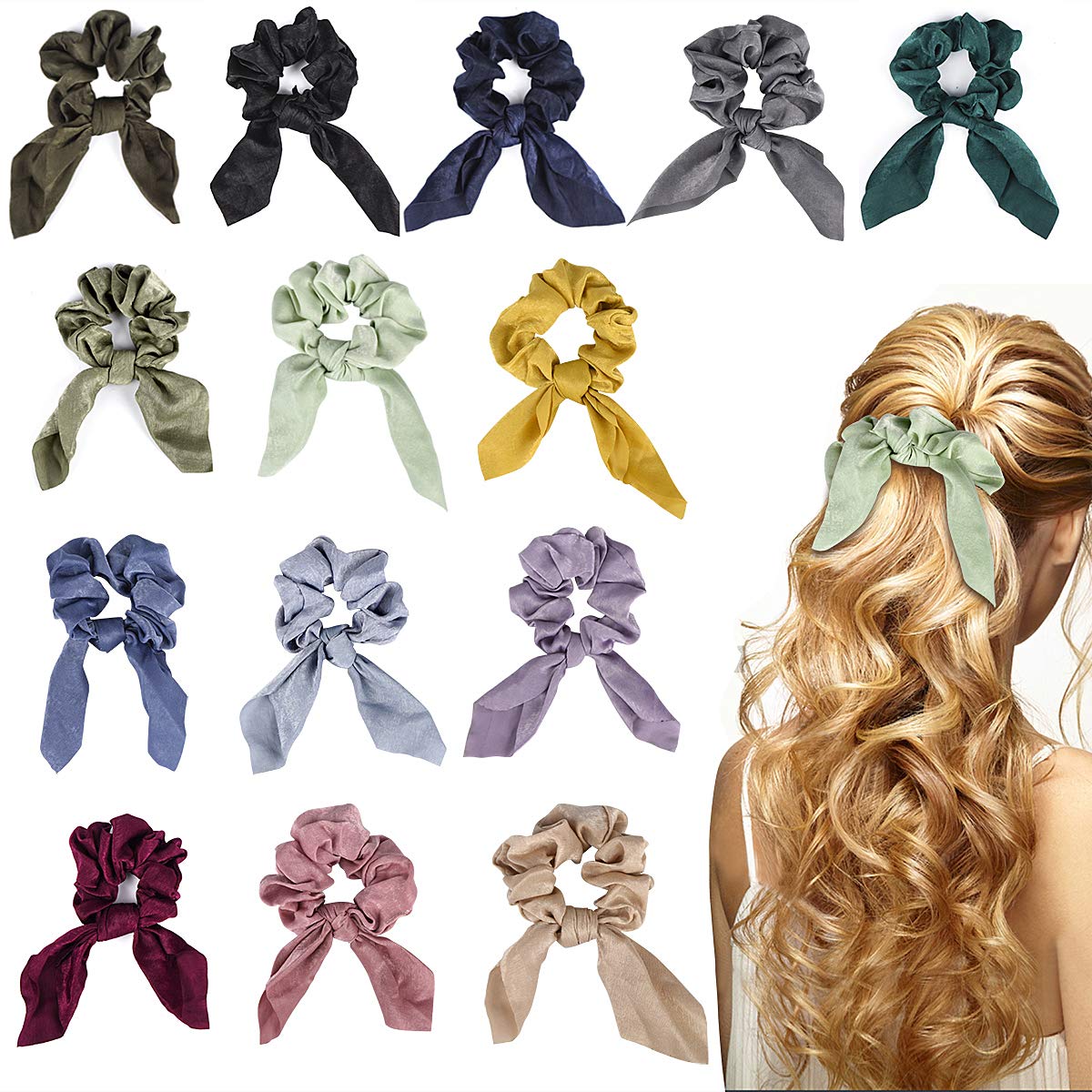 Dadabig 14 PCS Bowknot Hair Ties, Hair Scrunchies Elastic Hair Ties 2 in 1 Design Chiffon Colorful Ponytail Holders Hair Accessories Ropes for Women Girls, 14 Colors