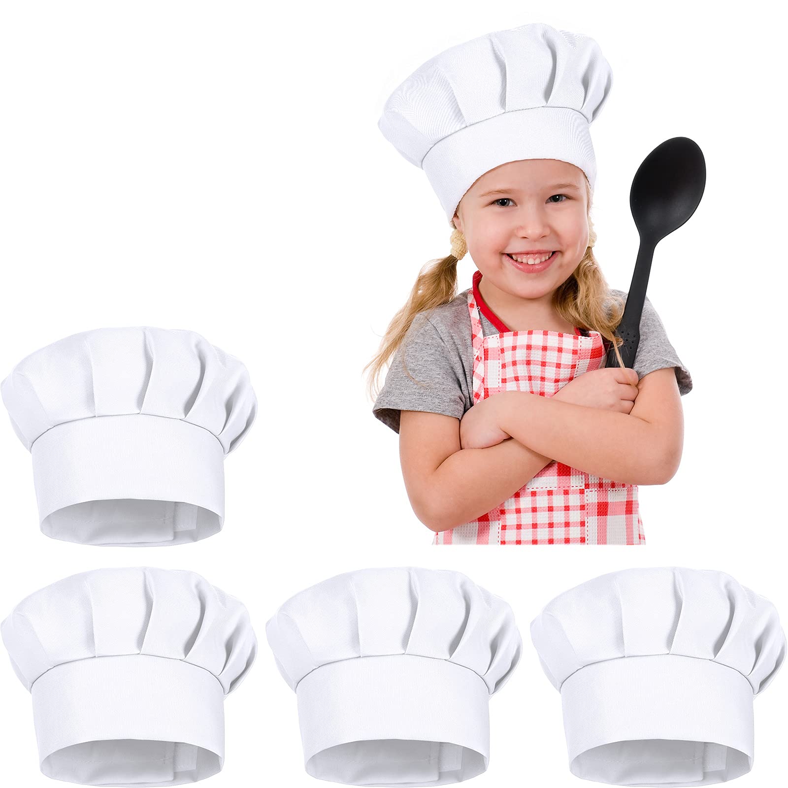 Syhood 4 Pcs Chef Hats for Kids Adjustable White Chef Hat Cook Toques Cooking Baker Cap for Baking Cooking Parties Art Class(White)