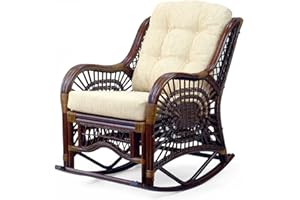 WICKERIX Malibu Lounge Rocking Chair Handmade ECO Natural Wicker Rattan Dark Brown Color with Cream Cushion, Indoor ONLY