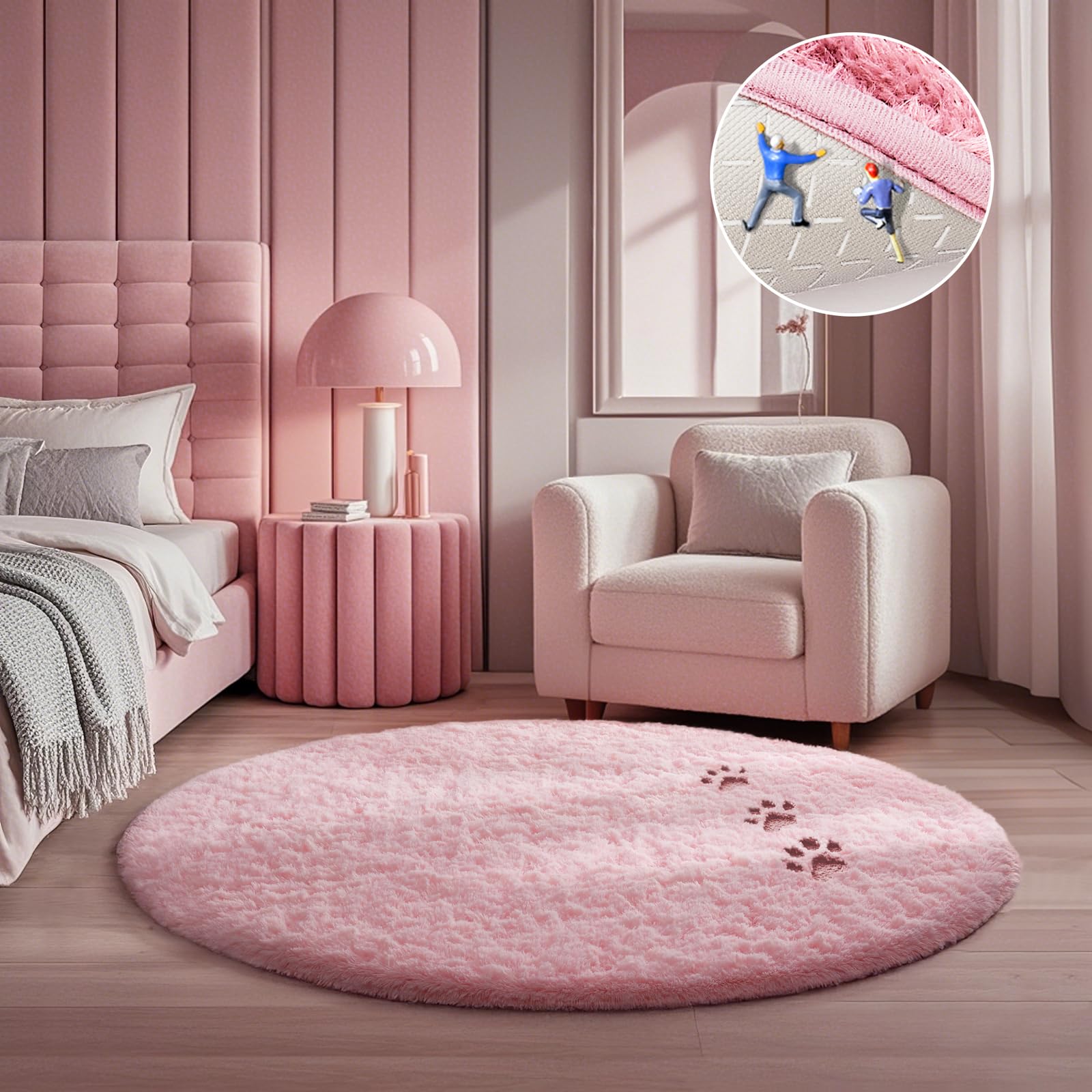 Photo 1 of Ophanie Pink Round Rug for Bedroom Girls, Kids Fluffy Kawaii Fuzzy Furry Shag Area Rug, Cute Plush Soft Shaggy Bedside Circular Rugs 4Ft, Carpet for Teen Nursery Dorm Home Room Decor Aesthetic