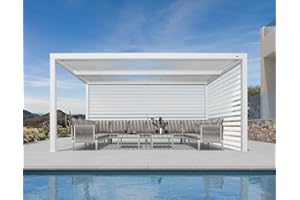PURPLE LEAF Louvered Pergola 10' x 16' White Outdoor Aluminum Pergola with Roller Blinds Adjustable Gazebo Rainproof for Patio Deck Garden, 1 Long Side and 1 Short Side