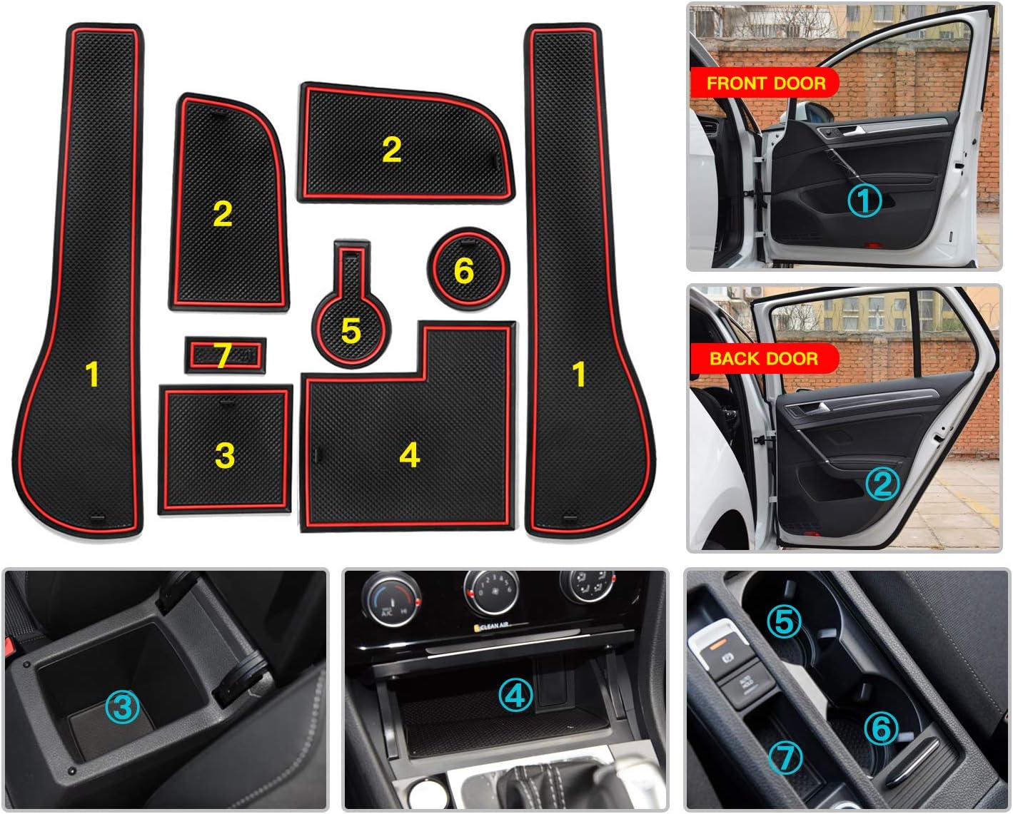 CDEFG Non-Slip Gate Slot Pad Cup Mats Auto Interior Door Slot Pads Mat for V W Golf 7 R GTD GTI GTE Automobile Center Console Liner Parts Car Styling Cushion Accessories (Red) - Image 3