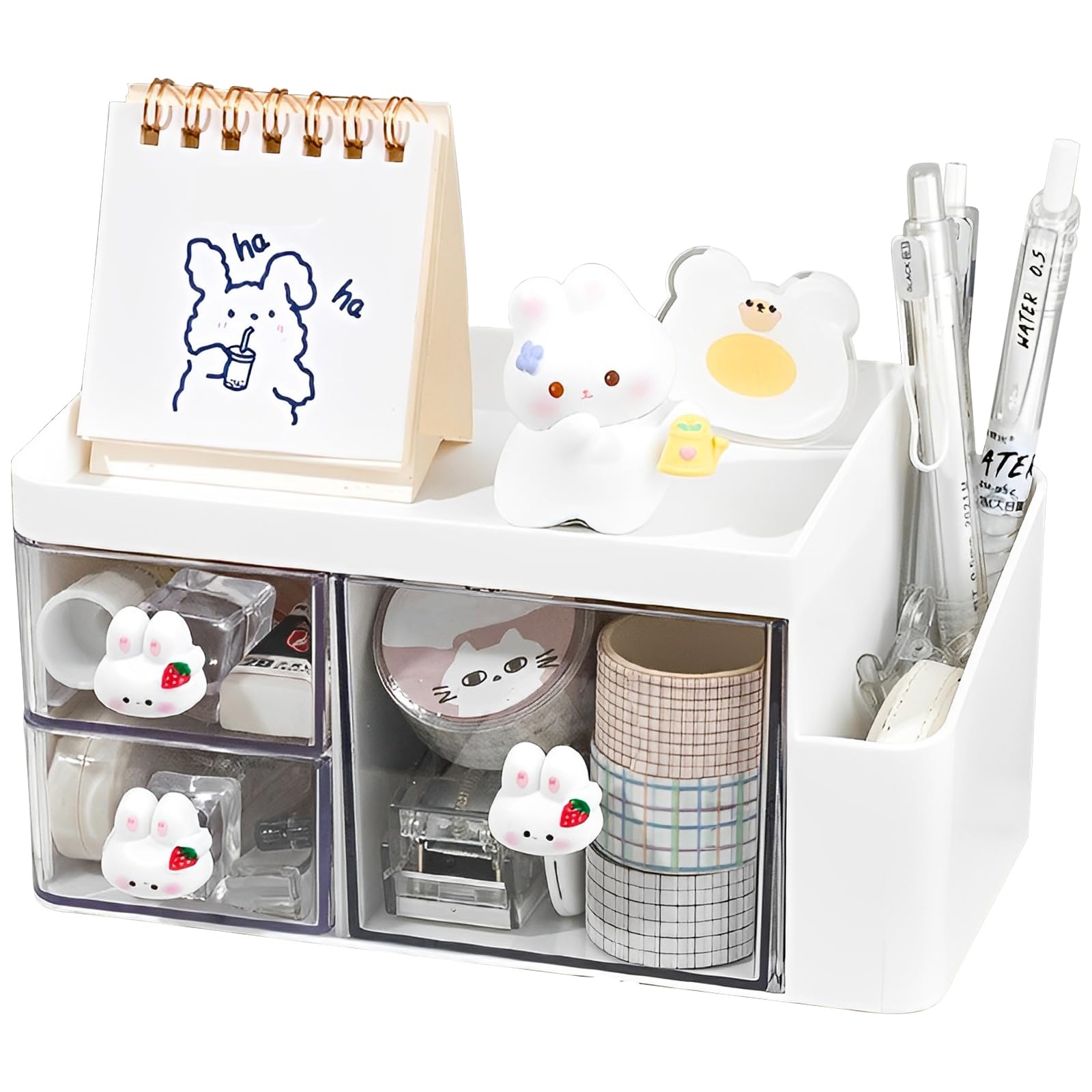 Elezeal Desk Organiser with 3 Drawers, Small Cute and practical Caddy with Compartments, Desk Tidy and Makeup Brushes Holder for Home, Office and School(white)