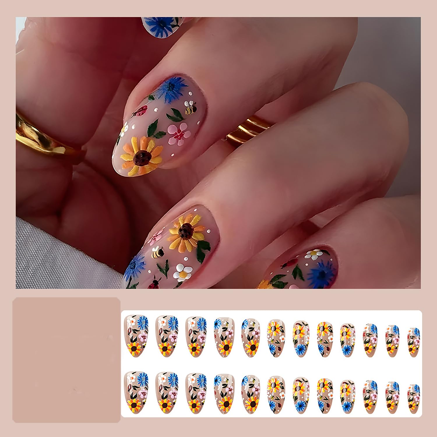Spring Press On Nails Medium Almond Fake Nails Flower Nails Press Ons Acrylic False Nails With Flower Daisy Designs Full Cover Glue On Nails Artificial Stick On Nails For Women 24Pcs - Image 2