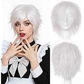 SEGOHAIR Anime Short Cosplay Wigs Halloween Party Spiky Layered Cosplay Wigs Synthetic Short Hair for Men & Women–White Style