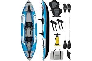 Driftsun Voyager Inflatable Kayak 2 Person Tandem, Foldable Kayaks for Adults Includes 2 Aluminum Paddles, 2 Padded Seats, Double Action Pump and Travel Backpack