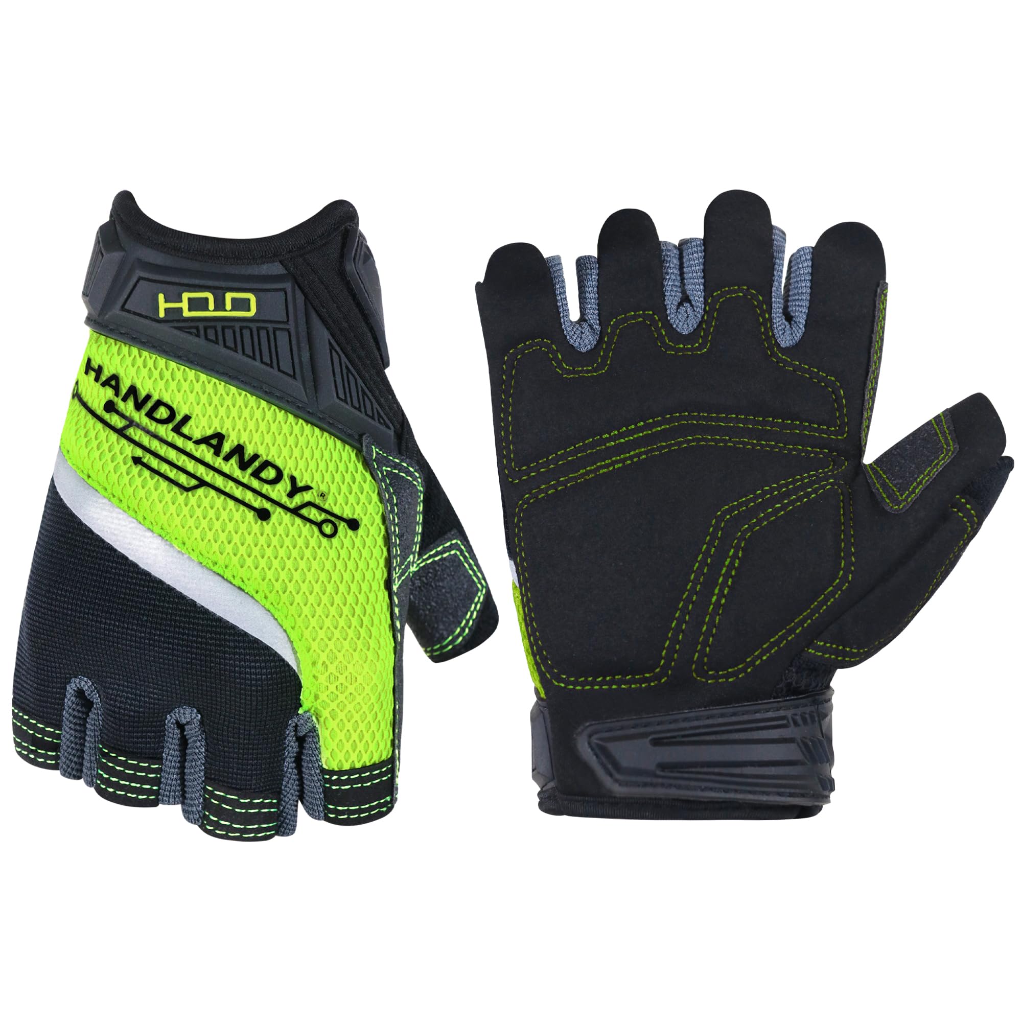 HANDLANDY Fingerless Work Gloves for Men,Half Finger working Glove Grip Shock-Absorbing Breathable Uwrist TPR Anti-collision Gloves for Mens & Women (L, Fingerless-Green)