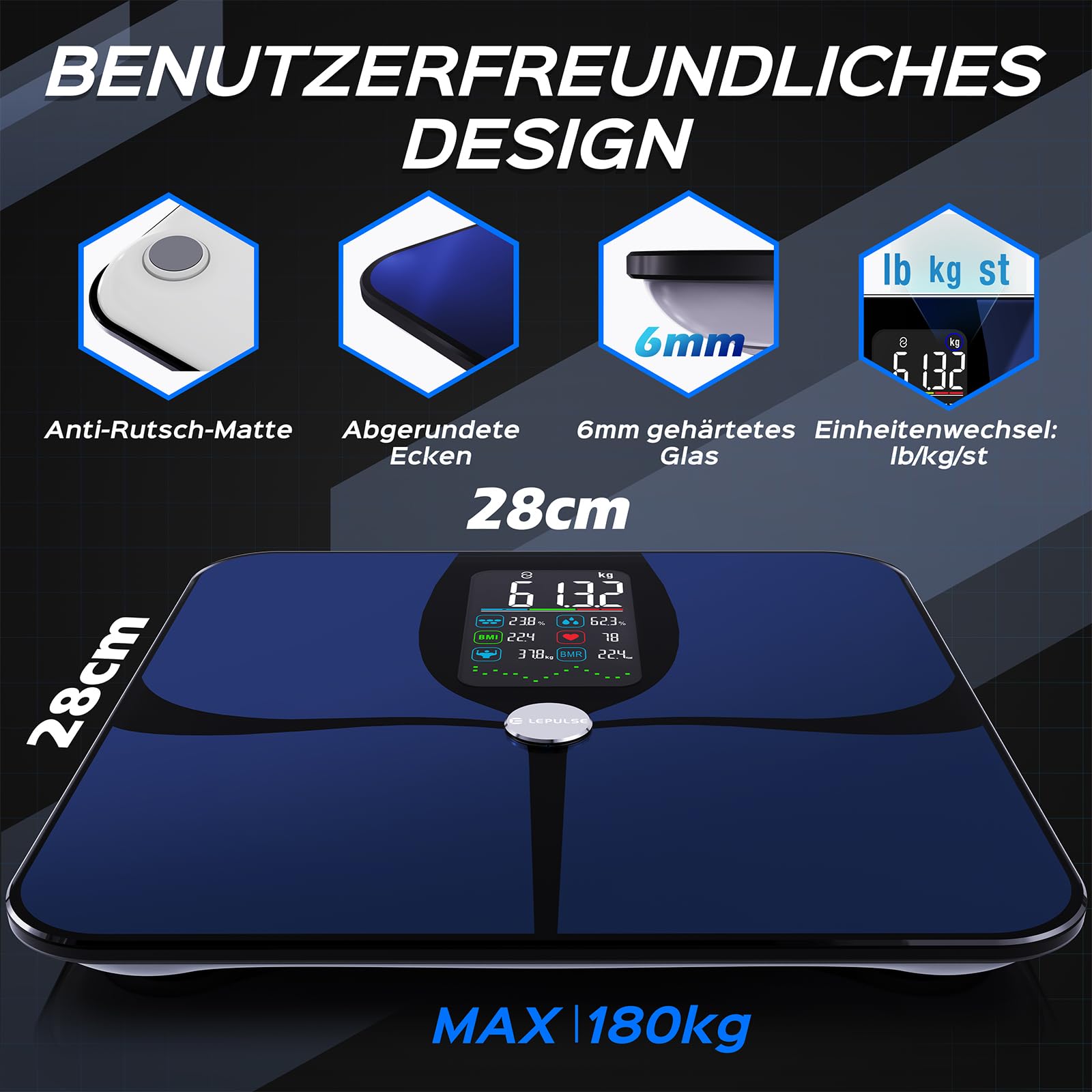 Lepulse Körperfettwaage F4 Pro, Aufladbar, Großes Display, Waage mit Körperfett und Muskelmasse, Personenwaage mit Körperfettanalyse, Trend, Körperwaage mit APP, Waage Personen, 22 Körpermaße 7