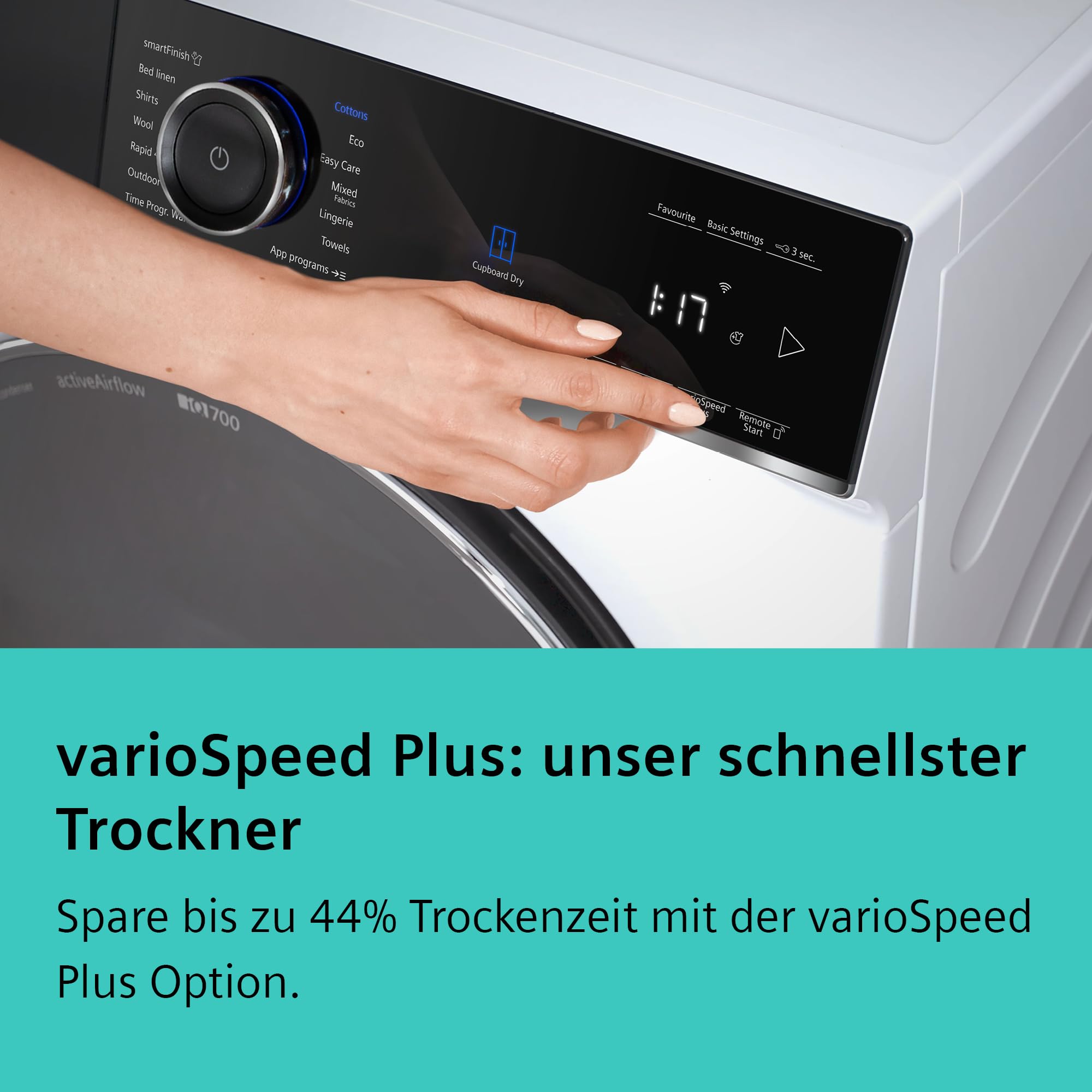 Siemens WR47B2C40 iQ700 Wärmepumpen-Trockner, 9 kg, Selbstreinigender Kondensator, AutoDry, Kurzprogramm 40', Nachlegefunktion, Reversierende Trommel, halbe Beladung, LED-Display, Touch Control 5