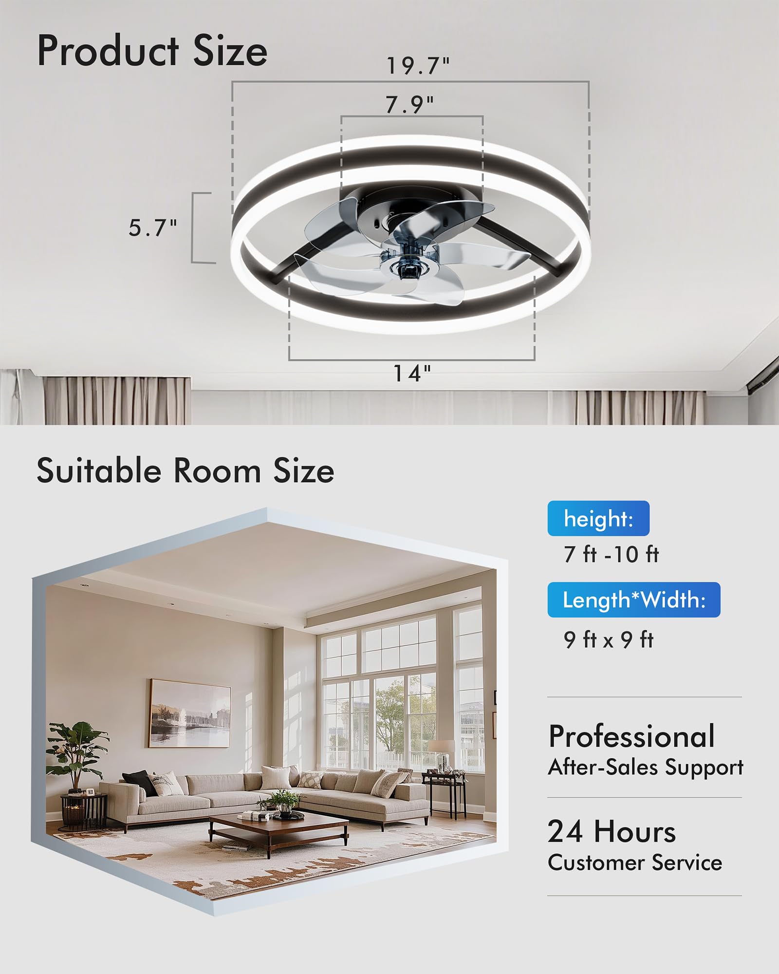 CubiCubi Modern Ceiling Fans, 20 Inch Black Ceiling Fan with Lights and Remote Control, APP, Fandelier with 6 Wind Speeds, Low Profile Ceiling Fans with Lights for Bedroom, Office