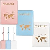 3 Pcs Passport Holder and 3 Pcs Luggage Tag Set, PU Leather Passport Cover for Travel, Luggage Tag for Suitcases, Suitable for Vacation, Business Trip, Study Abroad (3 Colors)