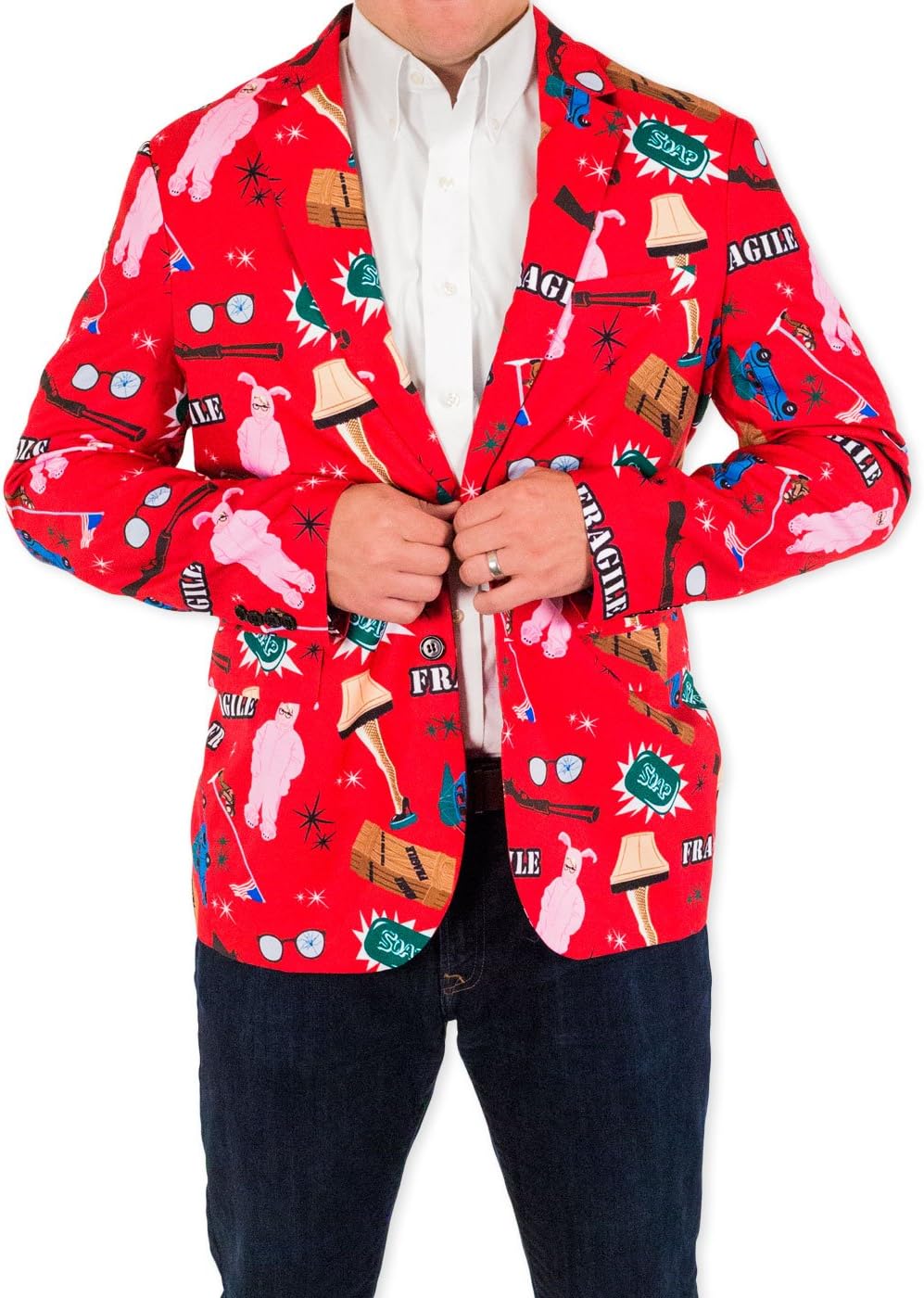 Festified Men's A Christmas Story Leg Lamp Fragile Holiday Suit Coat and Tie in Red