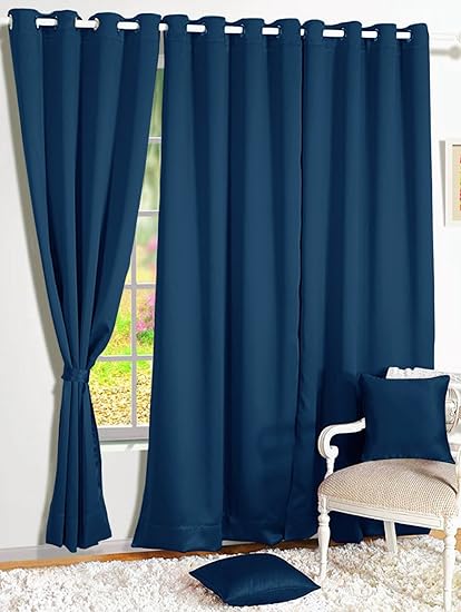 Story@Home Premium Blackout Solid 2-Piece Faux Silk Window Curtain Set - 5ft, Navy Blue