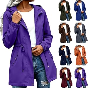 FOCLMP Women Rain Jacket with Hood Lightweight Waterproof Golf Windbreaker Cinched Waist Long Casual Camping Hiking Raincoat