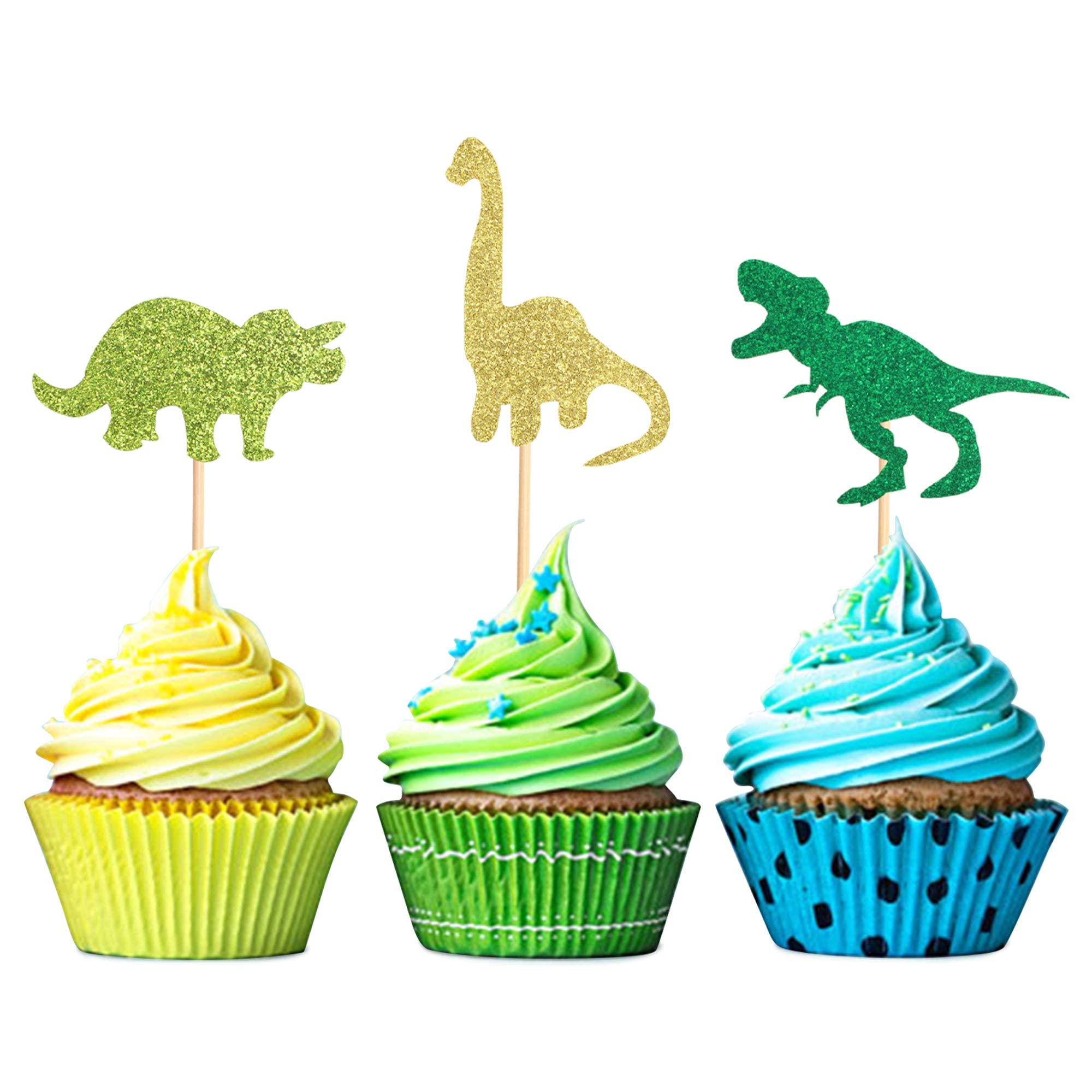 Blumomon 24Pcs Dinosaur Cupcake Topper Green Gold Glitter Cupcake Picks Cake Decoration for Baby Shower Wedding Birthday Event Party Supply