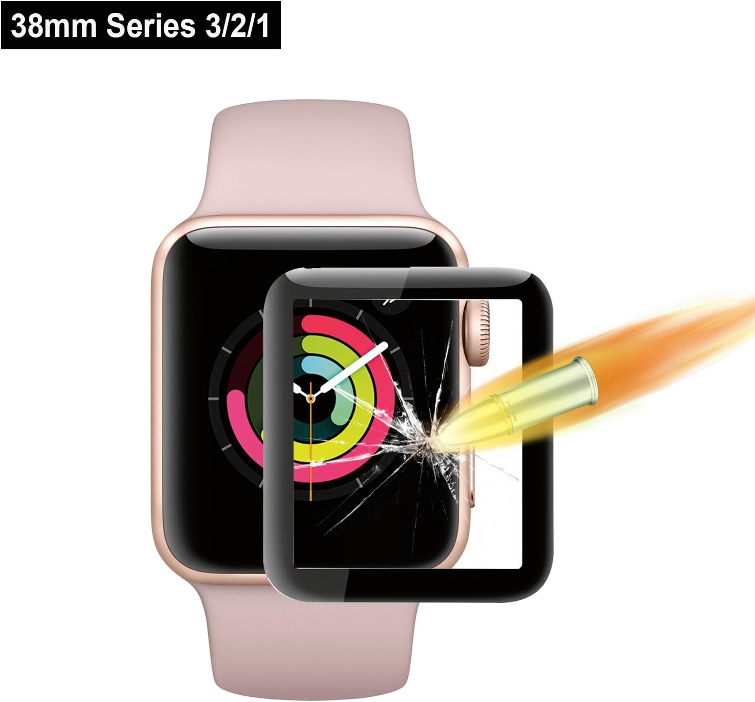 AKWOX 3D Full Coverage Tempered Glass Screen Protector for Apple Watch 38mm Series 3/2/1 - [0.3mm 9H Hardness] [Anti-Scratch] [Bubble Free] (Black)