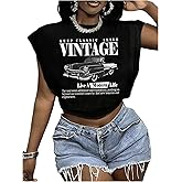 RoseSeek Women's Plus Size Letter Car Graphic Tees Short Sleeve Crew Neck Crop Tops Summer T Shirt