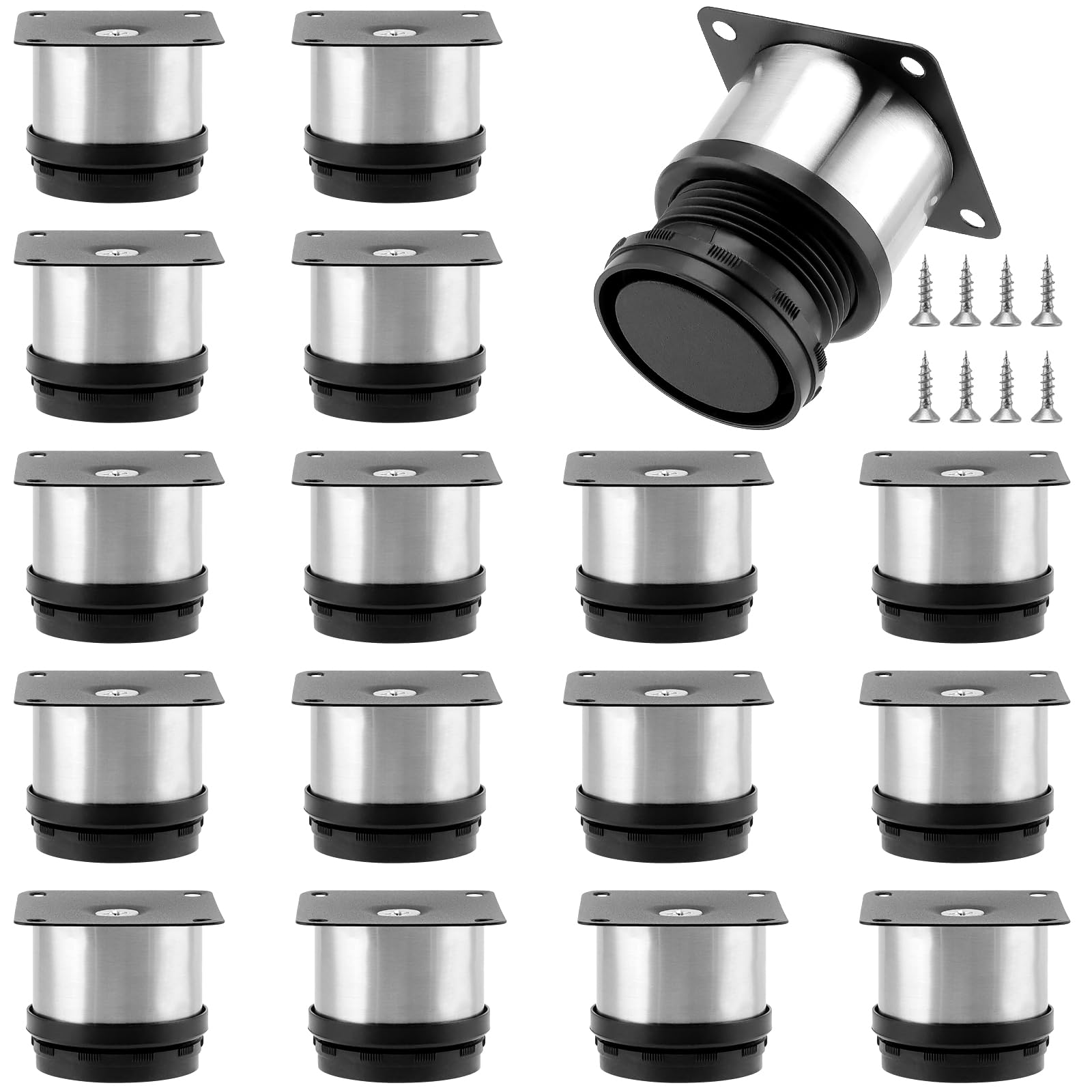 HEIHAK 16 Pack 50mm Adjustable Cabinet Legs with 64 Screws, Height Adjustable 0-15mm Stainless Steel Furniture Legs, Metal Sofa Feet for Sofa, Bed, Nightstand, Cabinet, Silver