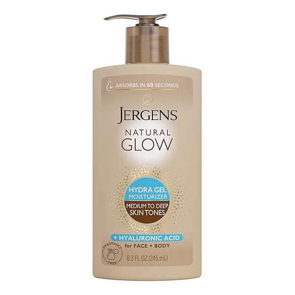 JERGENS NATURAL GLOW HYDRA GEL MOISTURIZER, HYALURONIC ACID TANNING LOTION, HYDRATING TANNING GEL, FRAGRANCE-FREE SELF TANNER, MEDIUM TO DEEP SKIN TONES 8.3 OZ