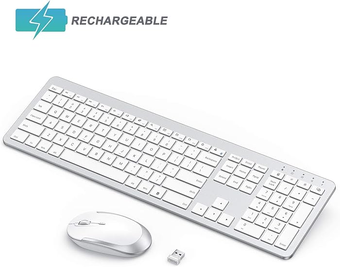 seenda Rechargeable Wireless Keyboard Mouse Combo Full Size Cordless Keyboard & Mouse Sets with Build-in Lithium Battery Ultra Thin Quiet Keyboard Mice - Silver and White