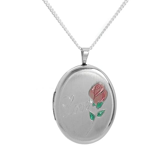 title=Ciondolo portafoto ovale con Rosa e scritta Love in Argento Sterling spazzolato