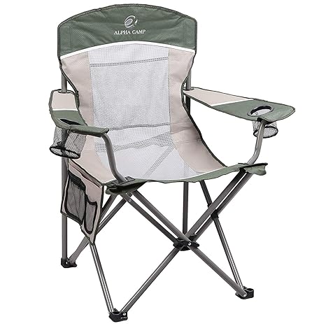 Alpha Camp Oversized Mesh Back Camping Folding Chair Heavy Duty Support 350 Lbs Collapsible Steel Frame Quad Chair Padded Arm Chair With Cup Holder
