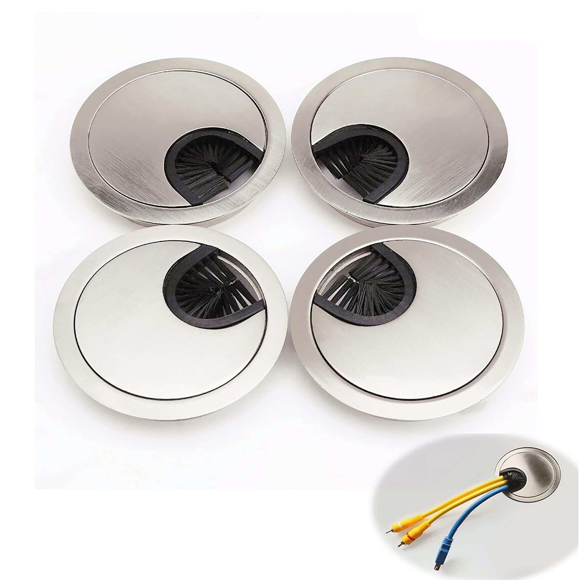 MXD 4X 60mm Desk Table Grommet Zinc Alloy Desk Hole Covers,Computer Desktop Grommets Cable Management Wire Organizers,Round Table Cable Hole Cover for Home Office,Brushed Silver