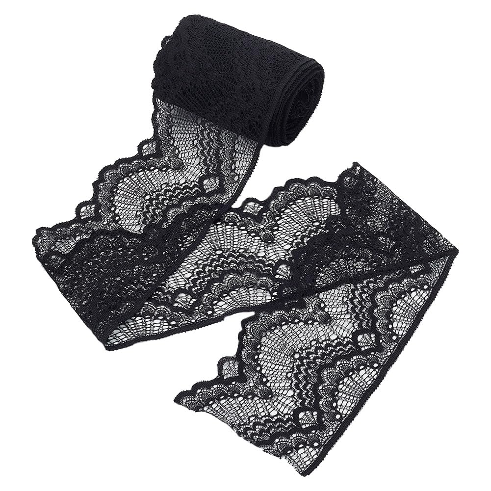 HOBBIESAY 10.9 Yard 4 Inch Wide Stretchy Lace Ribbon Black Lace Trim Elastic Trim Fabric with Fan Pattern for DIY Sewing Craft Costume Hat Hair Band Tablecloth Wedding Decoration Supplies