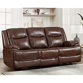 ANJ Genuine Leather 3-Seater Recliner Sofa, Mid-Century Manual Reclining Couch with Overstuffed Backrest &amp; Armrests, Ergonomic Reclining Sofa with Padded Headrest for Living Room, Brown