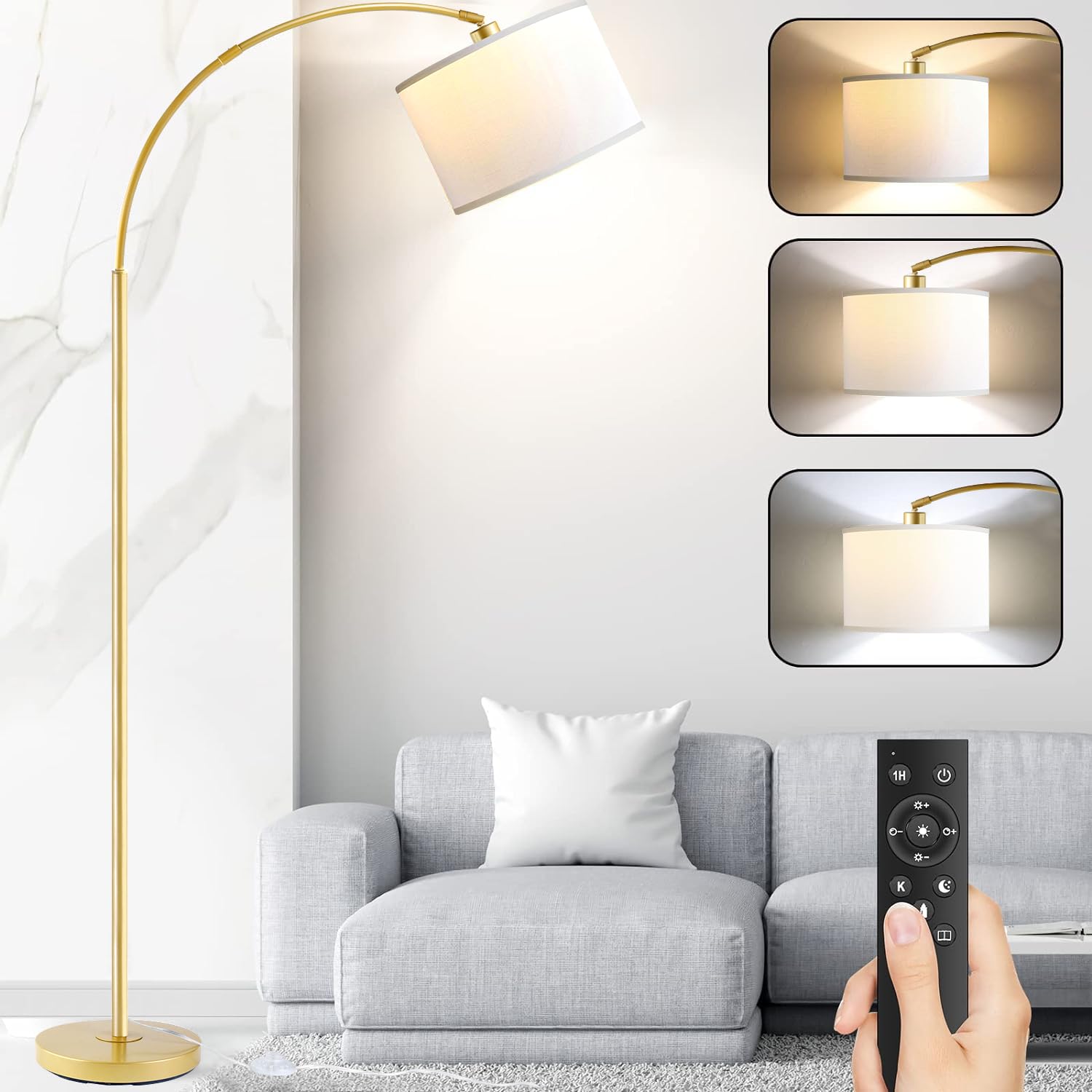 Photo 1 of **MISSING BASE***Arc Floor Lamps for Living Room, Modern Remote Control Standing FLamp with Stepless Dimmable, Gold Tall Lamp with White Drum Shade,Over Couch Arched Reading Light for Bedroom, Office(Bulb Included)