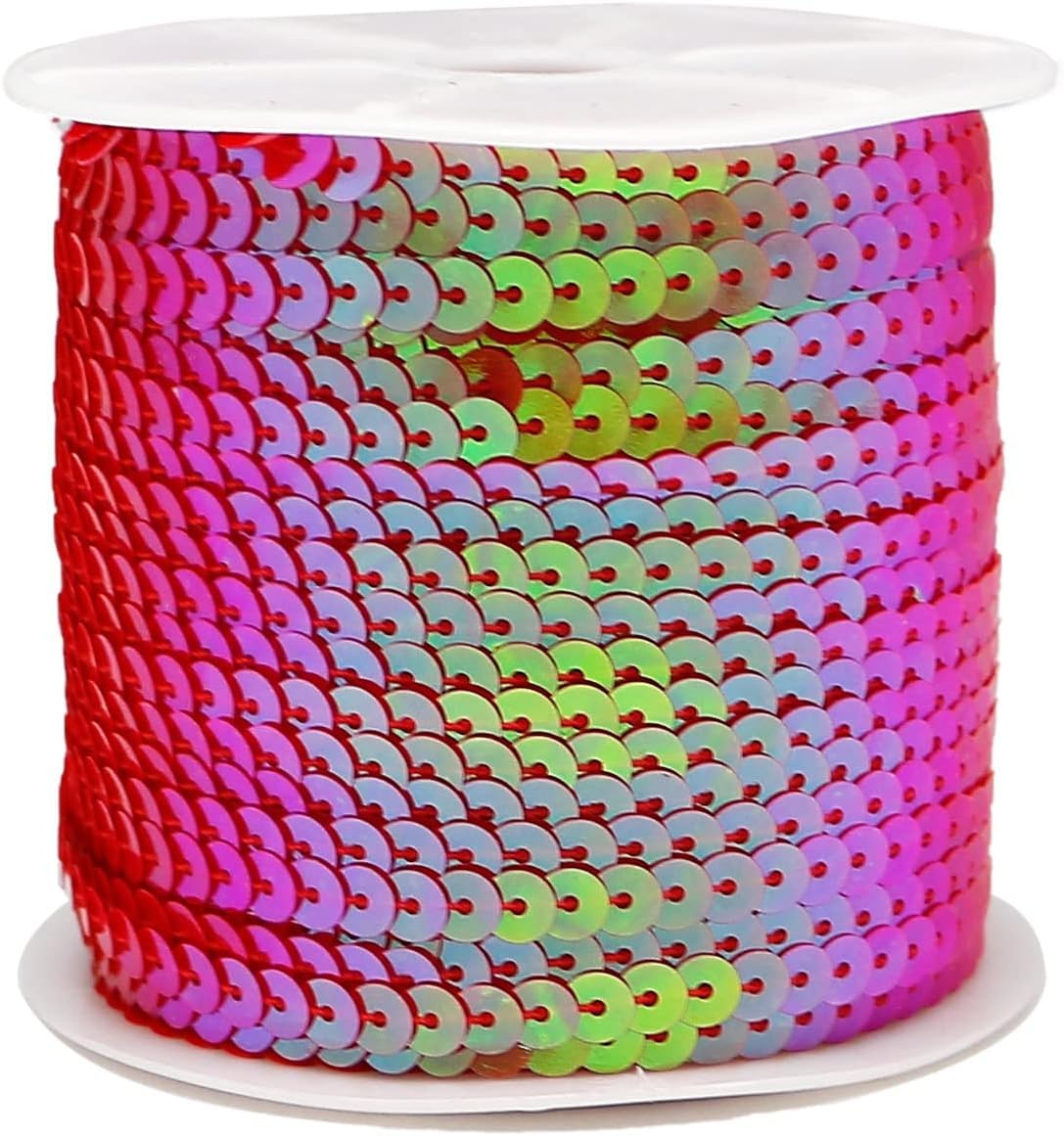 FQTANJU Bright Rose Red 6mm Crafts Round Flat Sequin Strip Trim on Strings for Crafts, Fringe, and Sewing; 100 Yard Roll — image 1