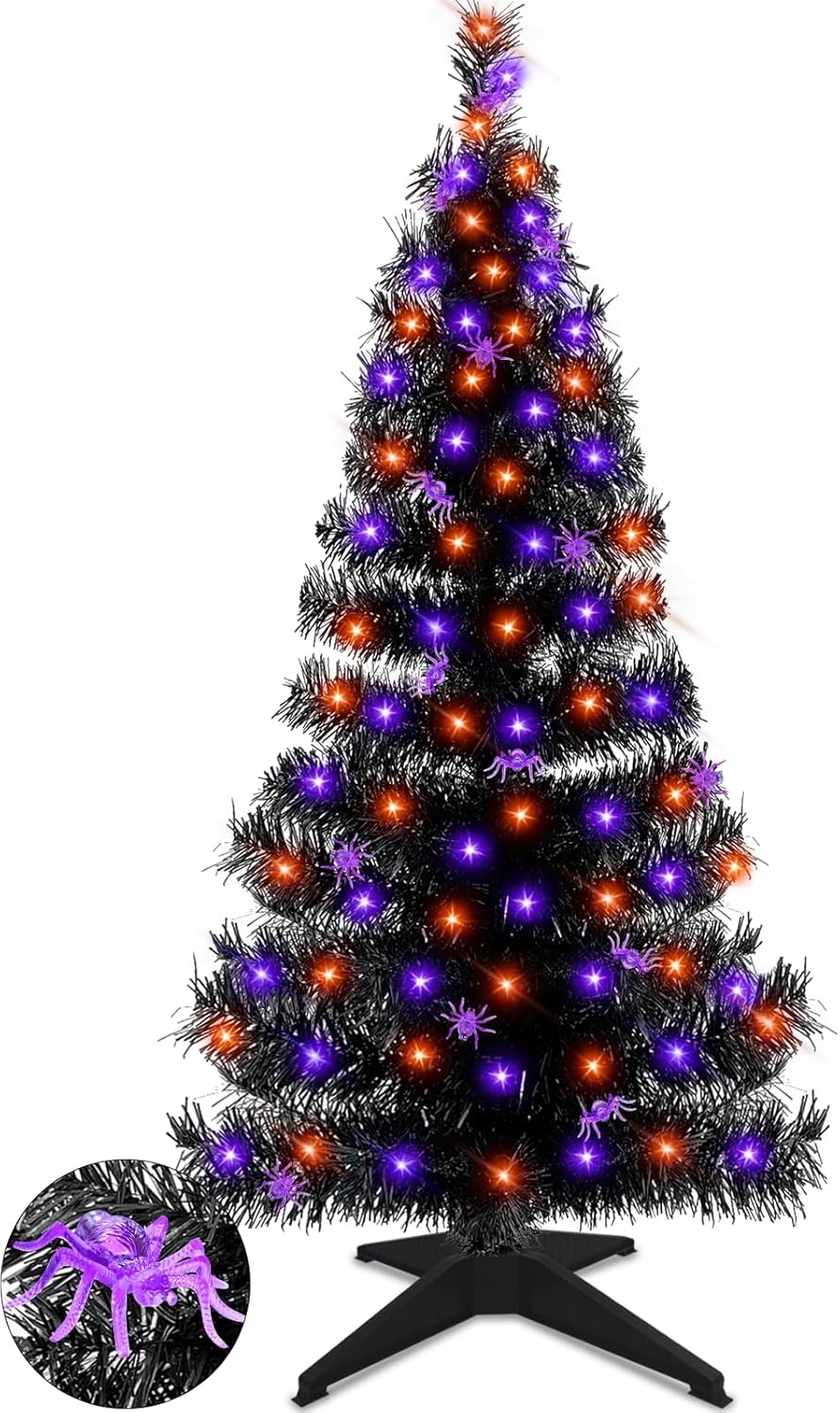 Trees - TURNMEON 4 Ft 80 LED Artificial Halloween Tree Decoration with Timer DIY Orange Purple Lights & 25 Spiders Ornament Battery Operated Black Xmas Christmas Tree Halloween Indoor Outdoor Decor Home Party