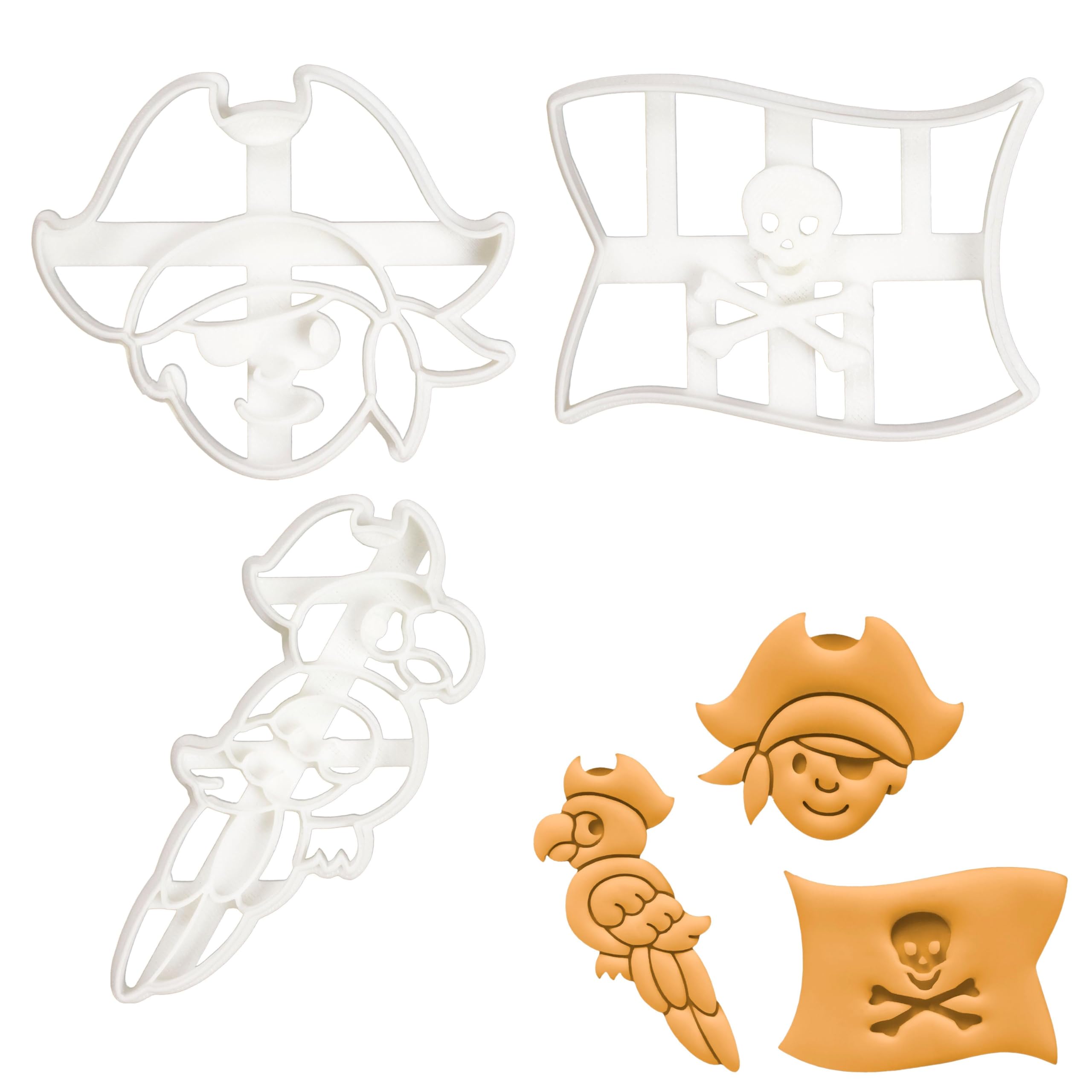 BAKERLOGY Set of 3 Pirate Theme Cookie Cutters (Designs: Pirate Flag, Pirate Boy and Parrot) - Bakerlogy - Detailed Biscuit Cutter Design for Baking and Crafts, Ideal on Fondant, Dough, Clay