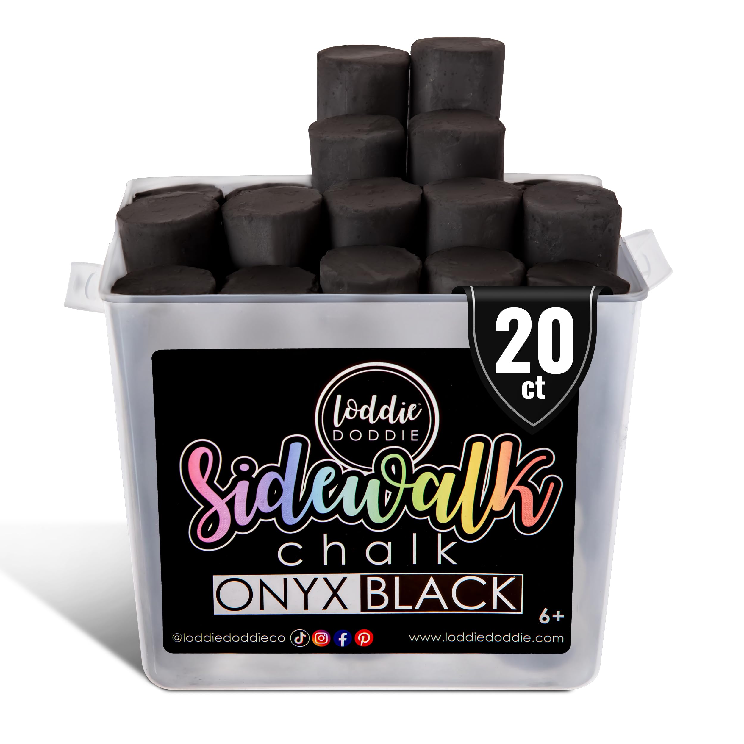 Loddie Doddie Jumbo Black Sidewalk Chalk Bucket - 20 Count - Washable Non-Toxic Bold Black Sidewalk Chalk for Kids & Reusable Bucket with Lid for Outside Fun