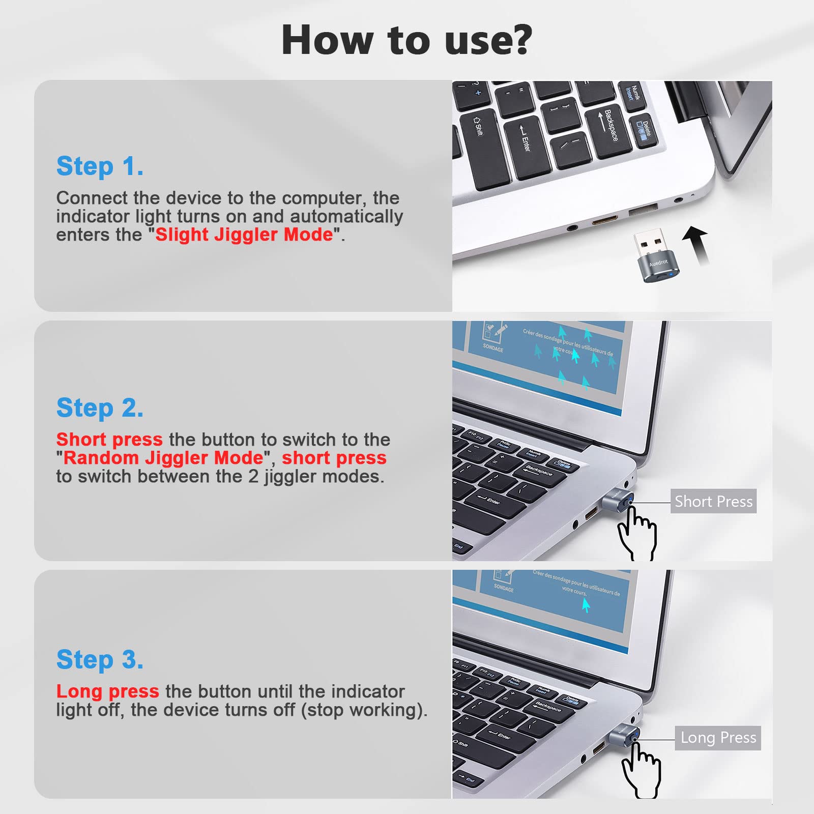 Mouse Jiggler Undetectable Metal USB Mouse Mover with Switch Button, Automatic Mini Mouse Shaker with 2 Jiggle Modes, Driver-Free, Plug & Play, Keep Computer/Laptop Awake, with USB-C Adapter, Gray