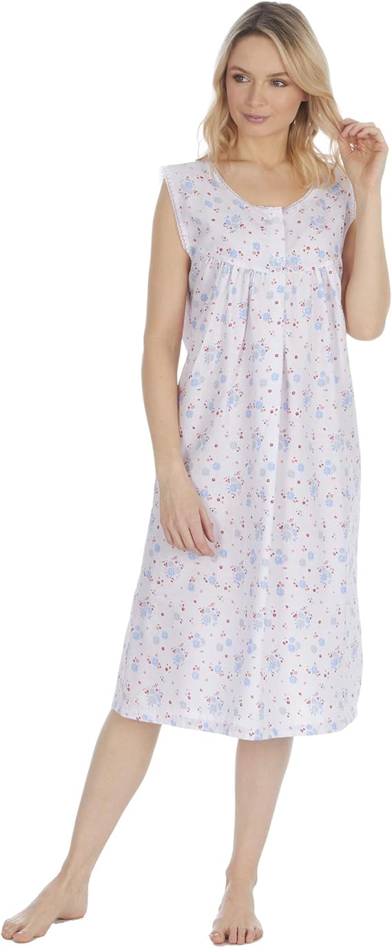 Metzuyan Ladies Floral Print 2 Buttons Long Sleeveless Nightdress Traditional Nightie Nightshirt 