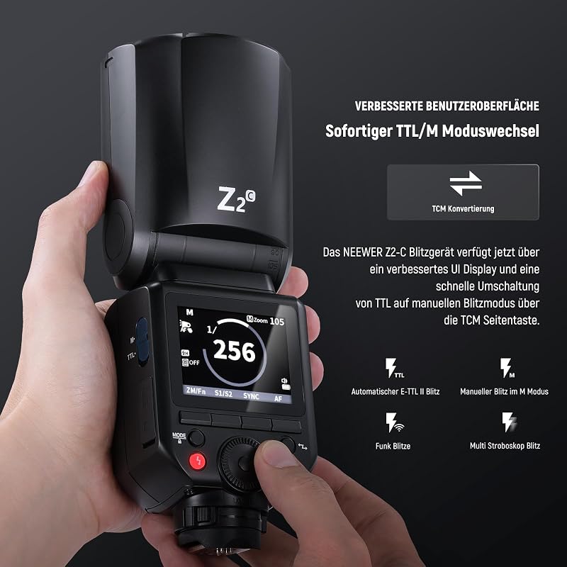 Z2-C 2,4G TTL Flash Rundkopf Blitzlicht Speedlite Kompatibel mit Canon, 76Ws 1/8000s HSS Blitz mit Upgraded UI, 2 Modellierlampen TTL/M Schnell TCM Schalter 7,2V/3000mAh Akku 600 Voller Blitz