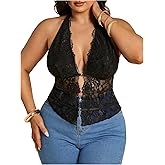 Milumia Women's Plus Size Floral Lace Halter Top Sexy Deep V Neck Sheer Party Tank Tops