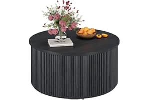 FATORRI Round Coffee Table with Storage, 31.5 Inch Modern Fluted Center Table, Woodern Accent Coffee Tables for Living Room, Black