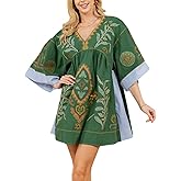 Joiemont Womens Oversized Embroidered Dress with V-Neck and 3/4 Sleeves Vintage Embroidery Babydoll Dress