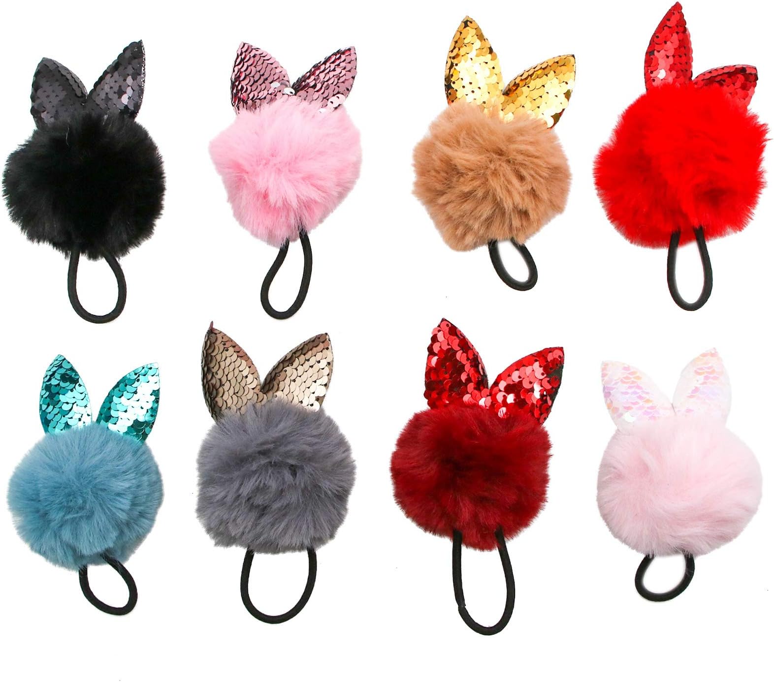 WSSROGY Pack of 8 Cute Pom Pom Ball Rabbit Ear Hair Tie Rope Rubber Bands Elastic Ponytail Holders for Women Girls