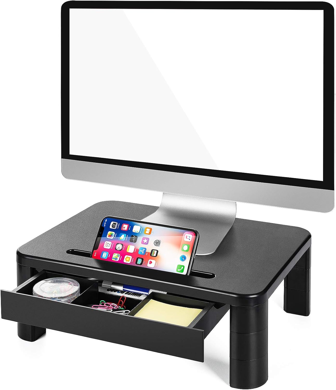 LORYERGO Monitor Stand for Desk, Height Adjustable With Drawer, Computer Riser With Cellphone Holder