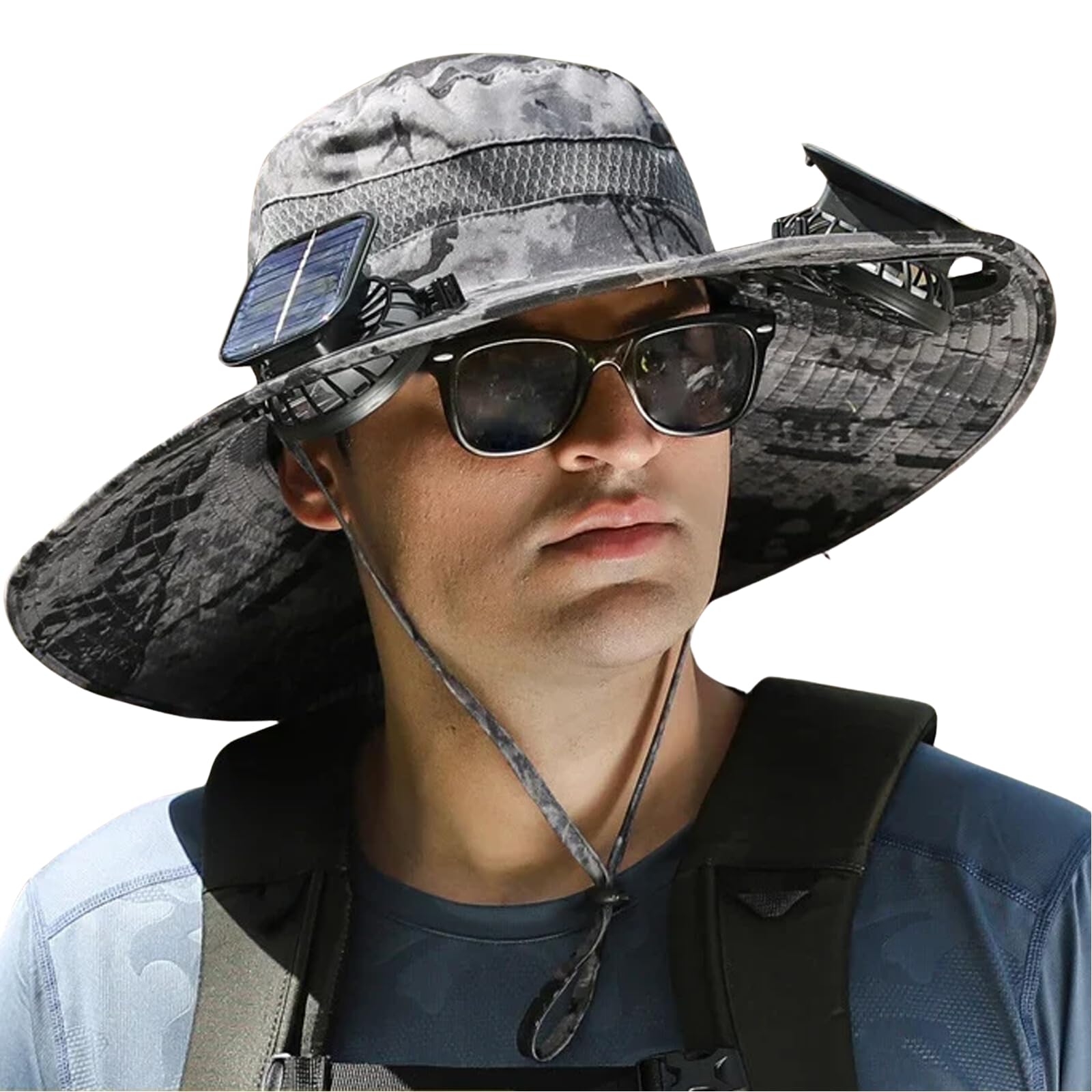 Outdoor Wide Brim Sun Hat with 2 Solar Fan Sun Bucket Hat for Men Women UPF 50+ Bucket Fishing & Beach Hat with Fan Built in (US, Alpha, Medium, XX-Large, Camouflage Gray)