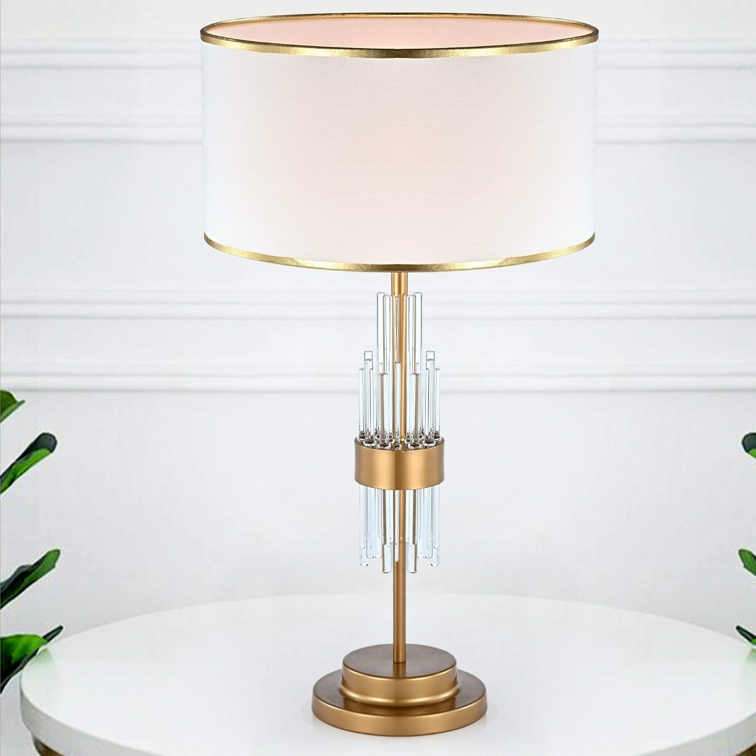 Matte Gold 1Light Fabric Iron Drum Shade Table Lamp White
