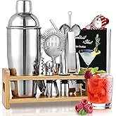 Cocktail Shaker Set Bartender Kit, Godmorn 15Pcs Bartender Shaker Set, 304 Stainless Steel Martini Shaker and Strainer, Bar Tool Set with Bamboo Stand, Recipe Book, for Home and Bar Party
