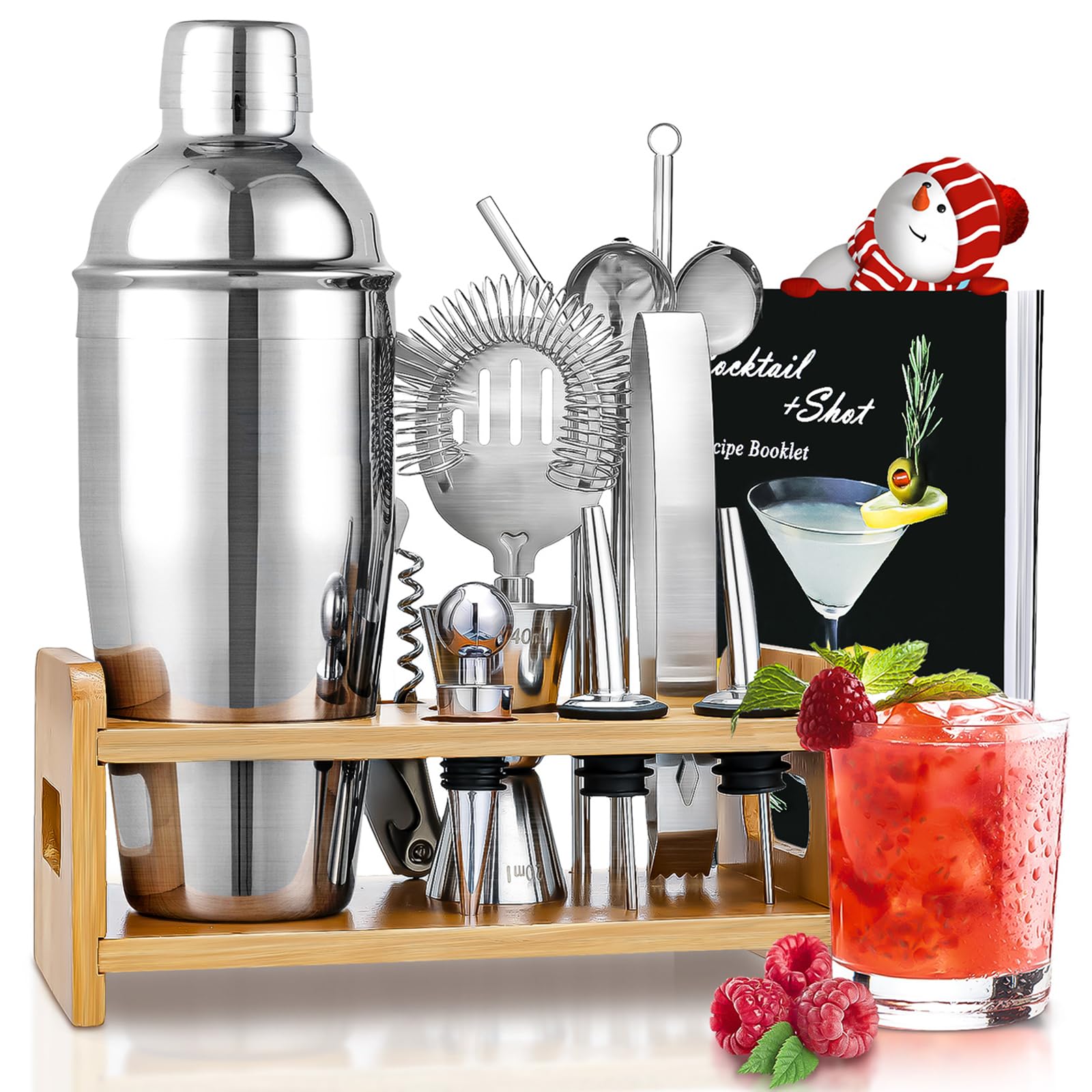 Godmorn 15Pcs Cocktail Making Set, Cocktail Shaker Set with Display Stand, Recipe, Jigger, Strainer, Bar Mixer Spoon, Bottle Opener, 550ML Stainless Steel Bar Tool Set Bartender Kit for Home & Bar