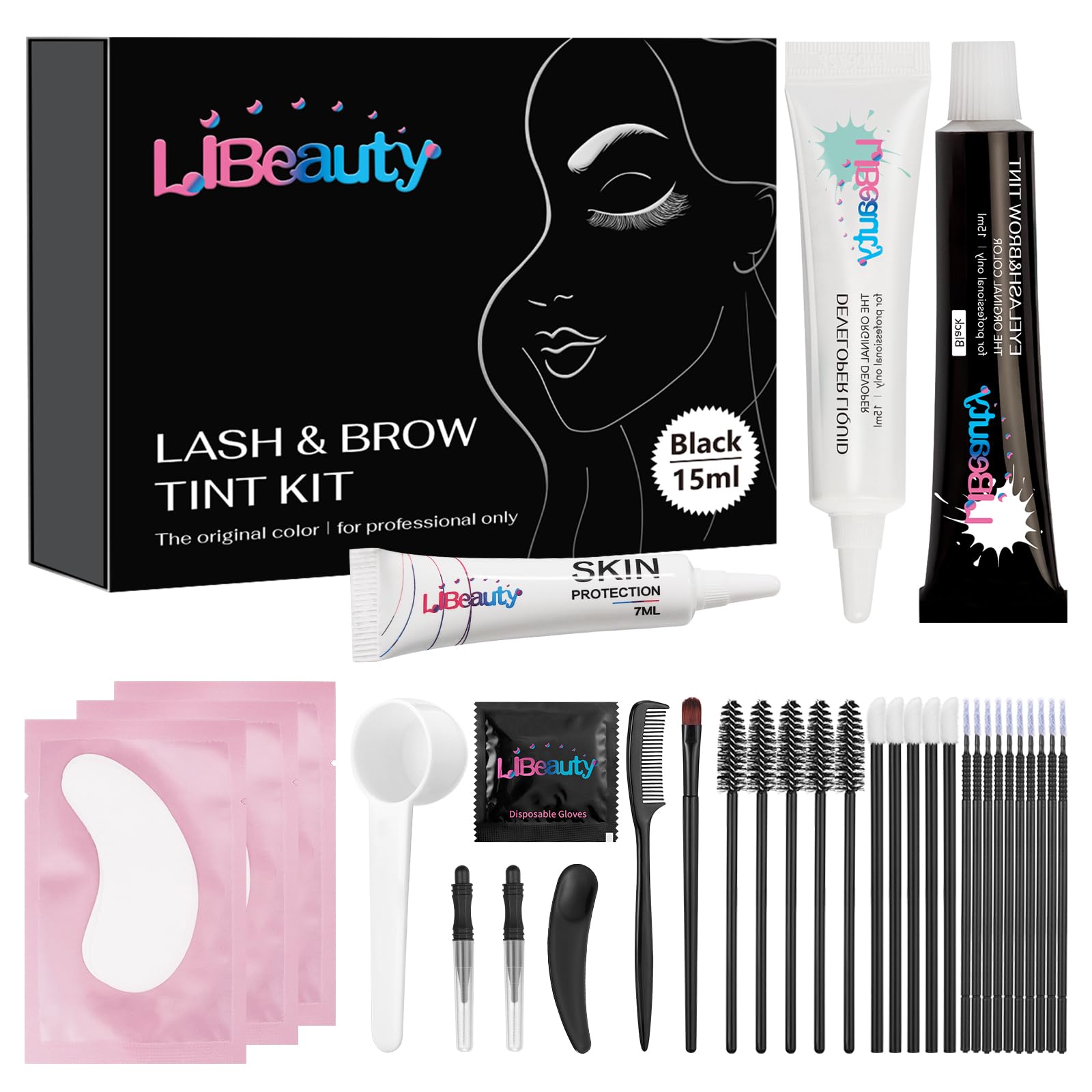 Libeauty Eyelash Tint Kit, Lash Tint Black and Eyebrow Dye Kit, Eyelash Dye with Skin Protection and Full Tools, 15ML Large Capacity, Suitable for Salon and Home Use