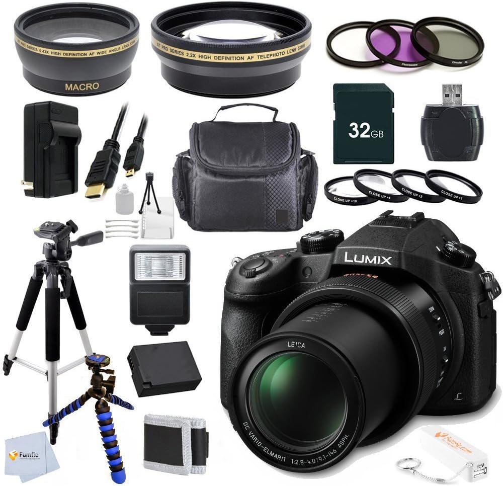 Amazon Com Panasonic Lumix Dmc Fz1000 4k Qfhd Hd 16x Long Zoom Digital Camera Black Bundle 32gb Accessory Kit Package Includes Wide Angle Telephoto Lenses 7 Filters Bonus Fumfie Powerbank