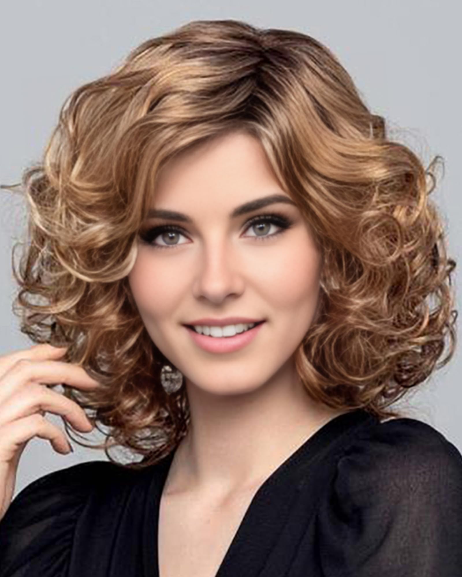 Photo 1 of RENERSHOW Blonde Highlight Short Curly Wigs for White Women Ombre Blonde Bob Wavy Wig with Dark Roots Heat Synthetic Chin Length Wavy Easy Style Daily Party Wig
